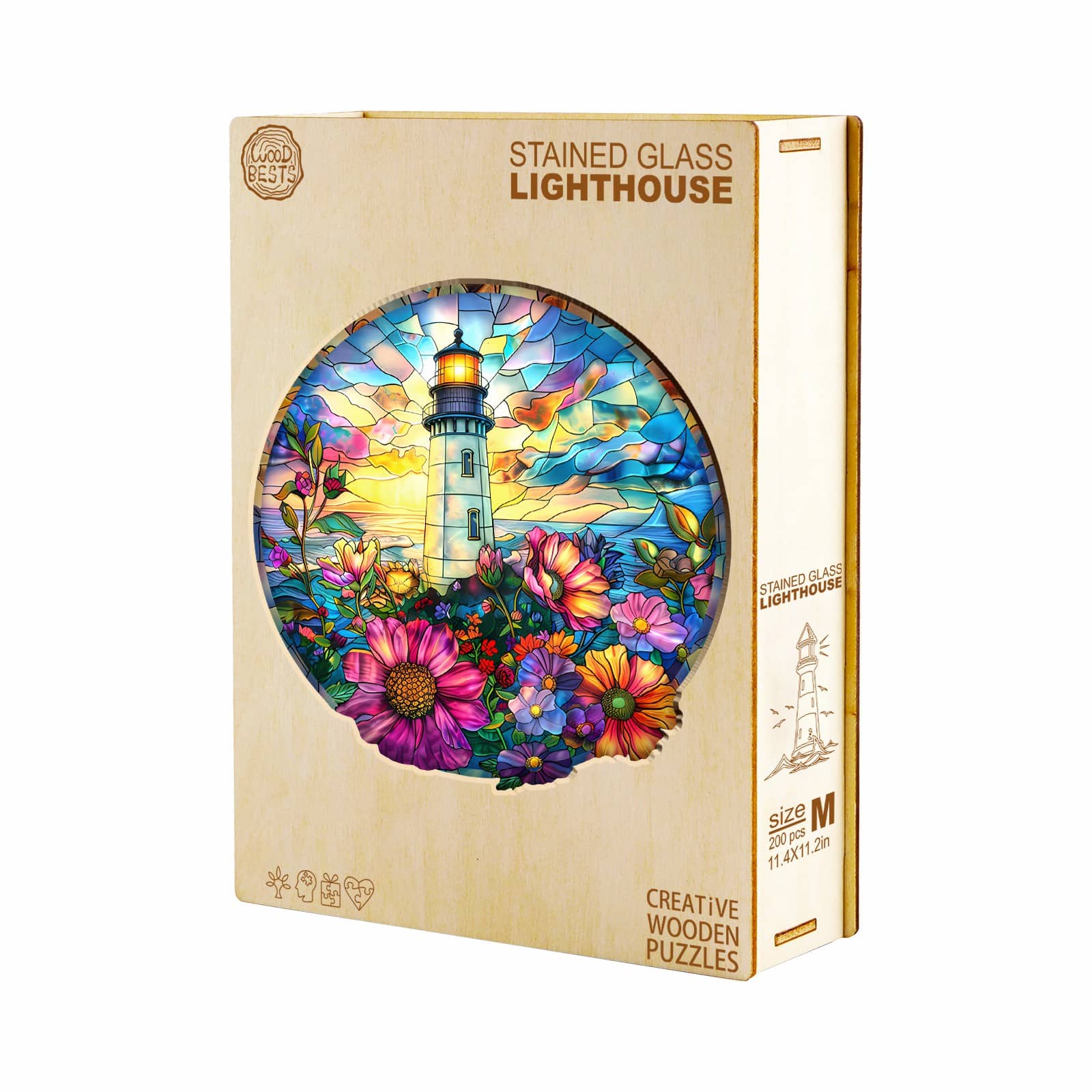 Whimsical Wooden Jigsaw Puzzle - Stained Glass Lighthouse - pickApuzzle