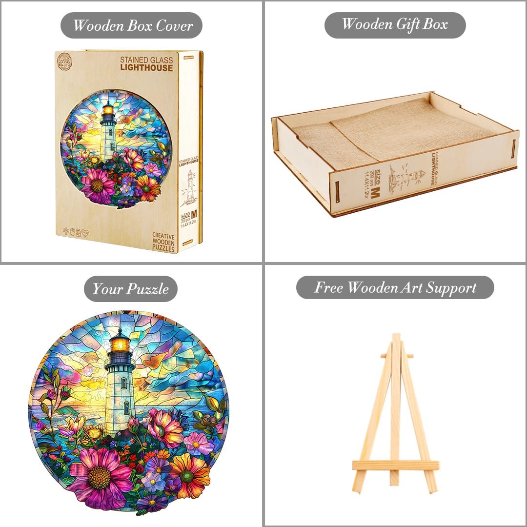 Whimsical Wooden Jigsaw Puzzle - Stained Glass Lighthouse - pickApuzzle