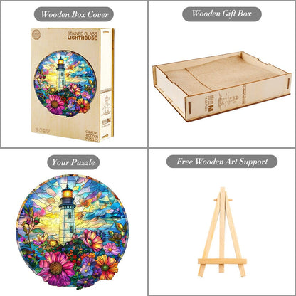 Whimsical Wooden Jigsaw Puzzle - Stained Glass Lighthouse - pickApuzzle