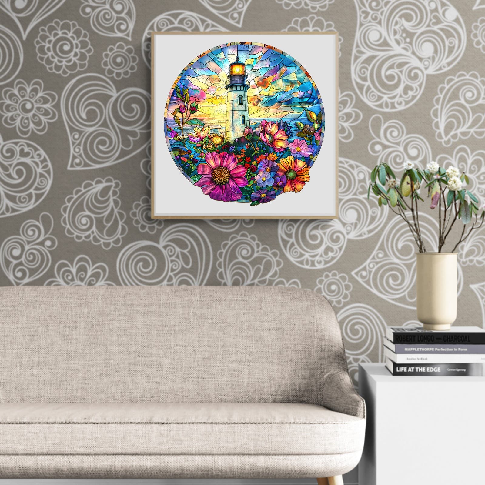 Whimsical Wooden Jigsaw Puzzle - Stained Glass Lighthouse - pickApuzzle