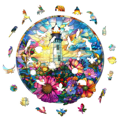 Whimsical Wooden Jigsaw Puzzle - Stained Glass Lighthouse - pickApuzzle