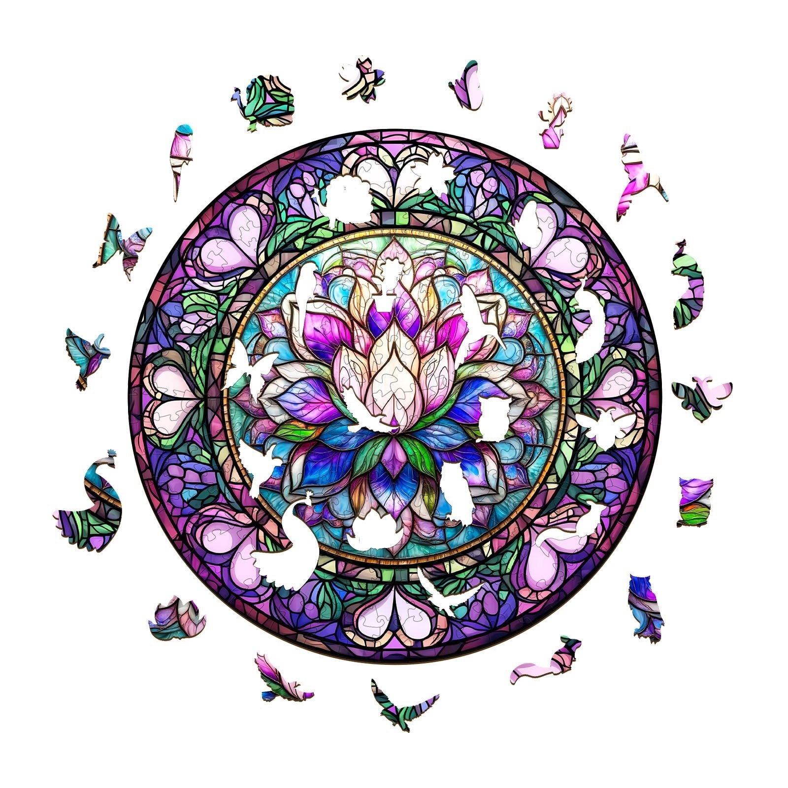 Whimsical Wooden Jigsaw Puzzle - stained glass lotus - 1 - pickApuzzle