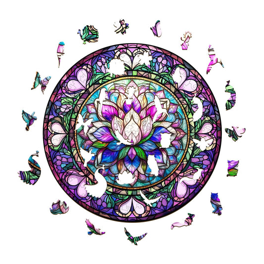 Whimsical Wooden Jigsaw Puzzle - stained glass lotus - 1 - pickApuzzle