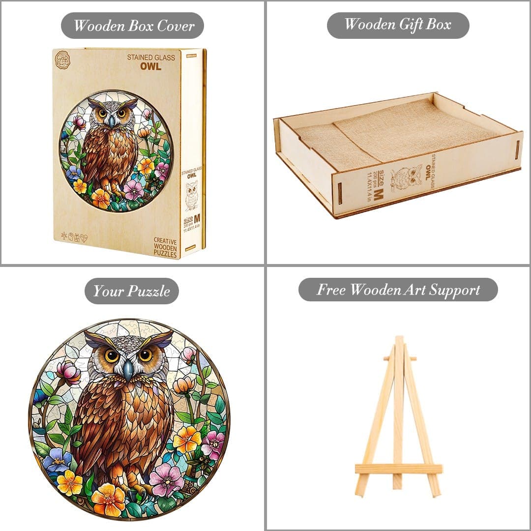 Whimsical Wooden Jigsaw Puzzle-Stained Glass Owl