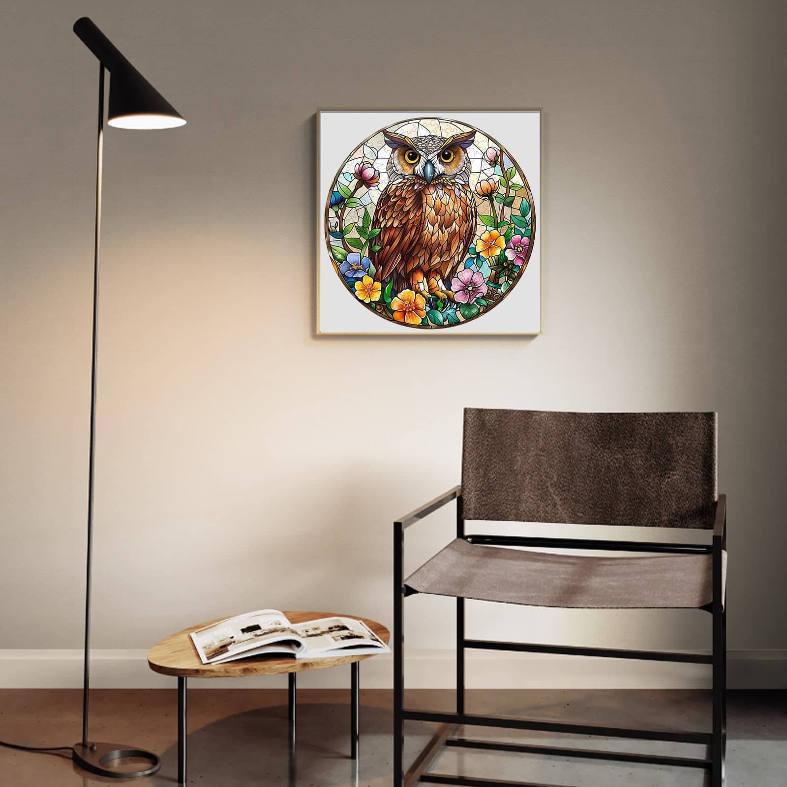 Whimsical Wooden Jigsaw Puzzle-Stained Glass Owl