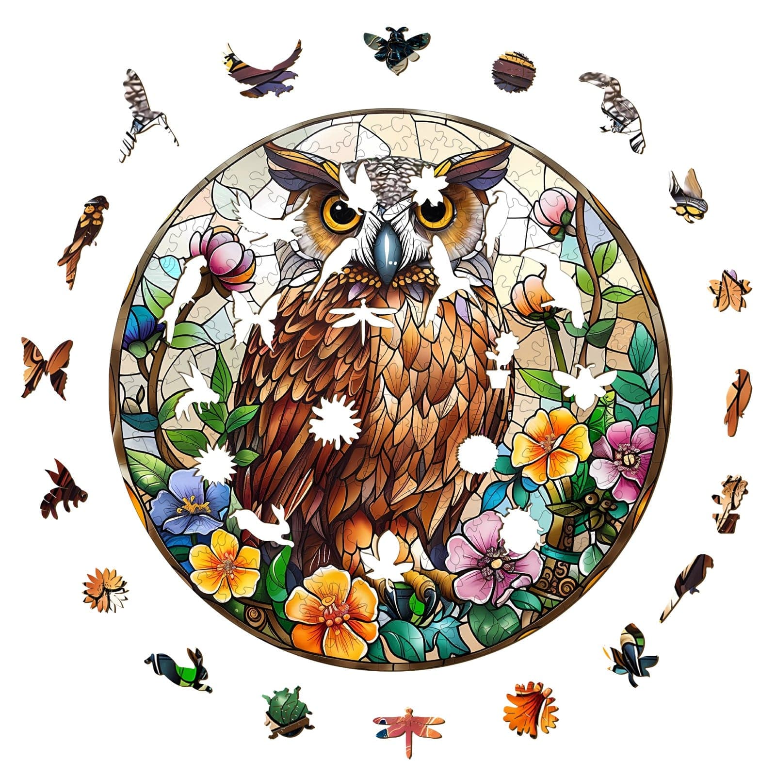 Whimsical Wooden Jigsaw Puzzle-Stained Glass Owl