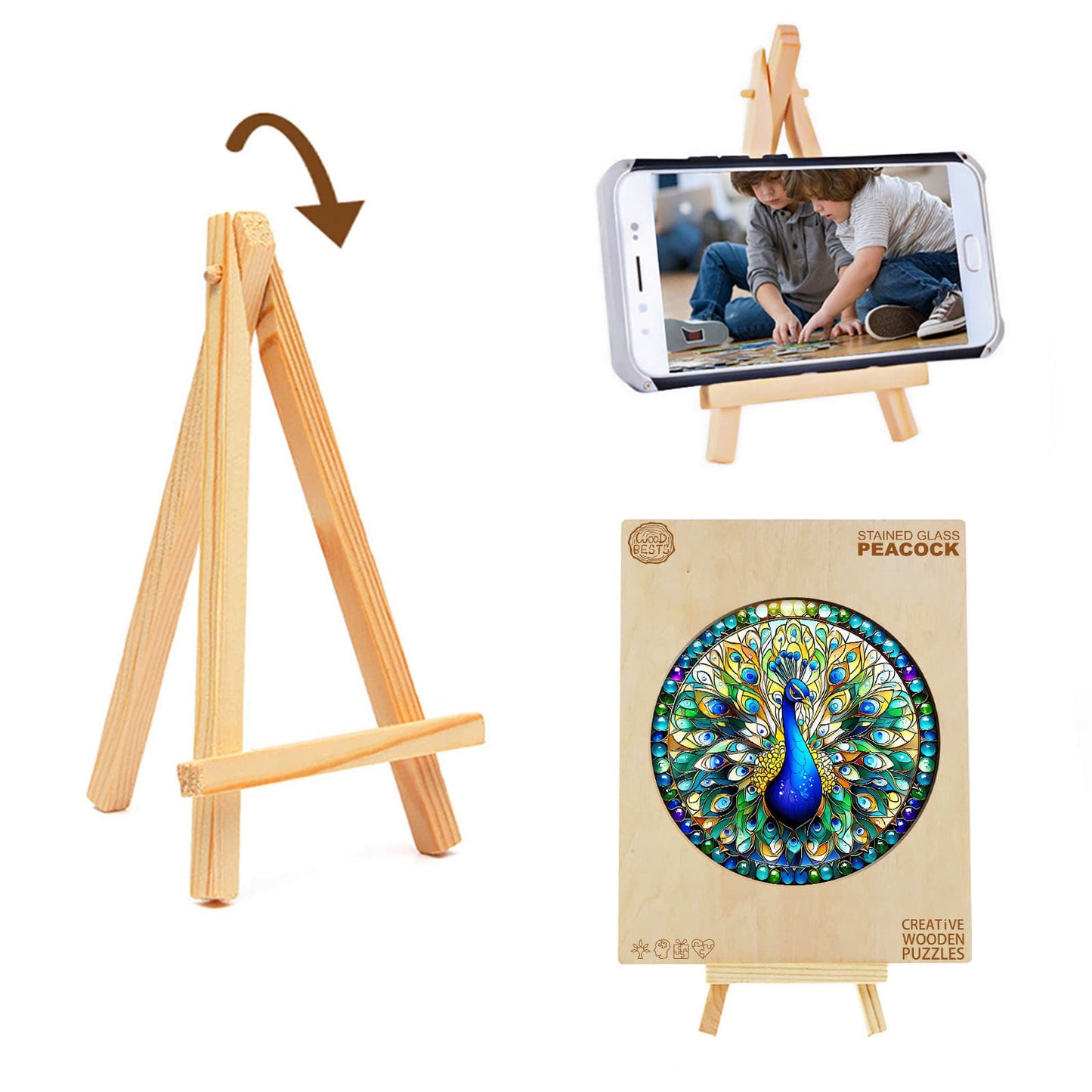 Launiges Holzpuzzle - Buntglas-Pfau