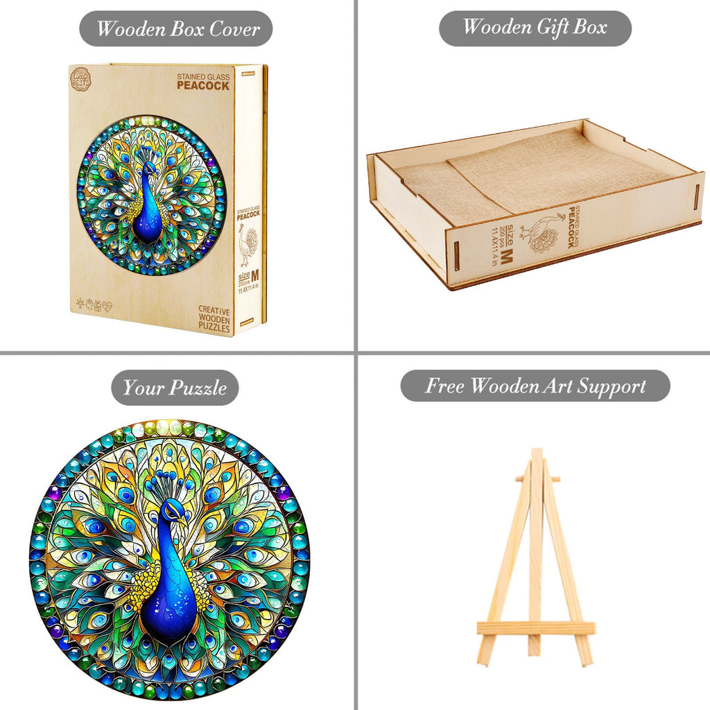 Whimsical Wooden Jigsaw Puzzle-stained glass peacock