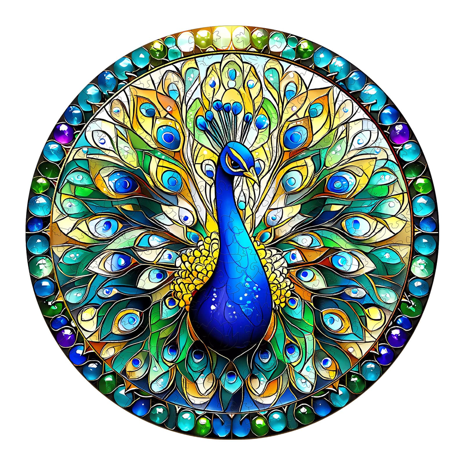Launiges Holzpuzzle - Buntglas-Pfau Hauptbild