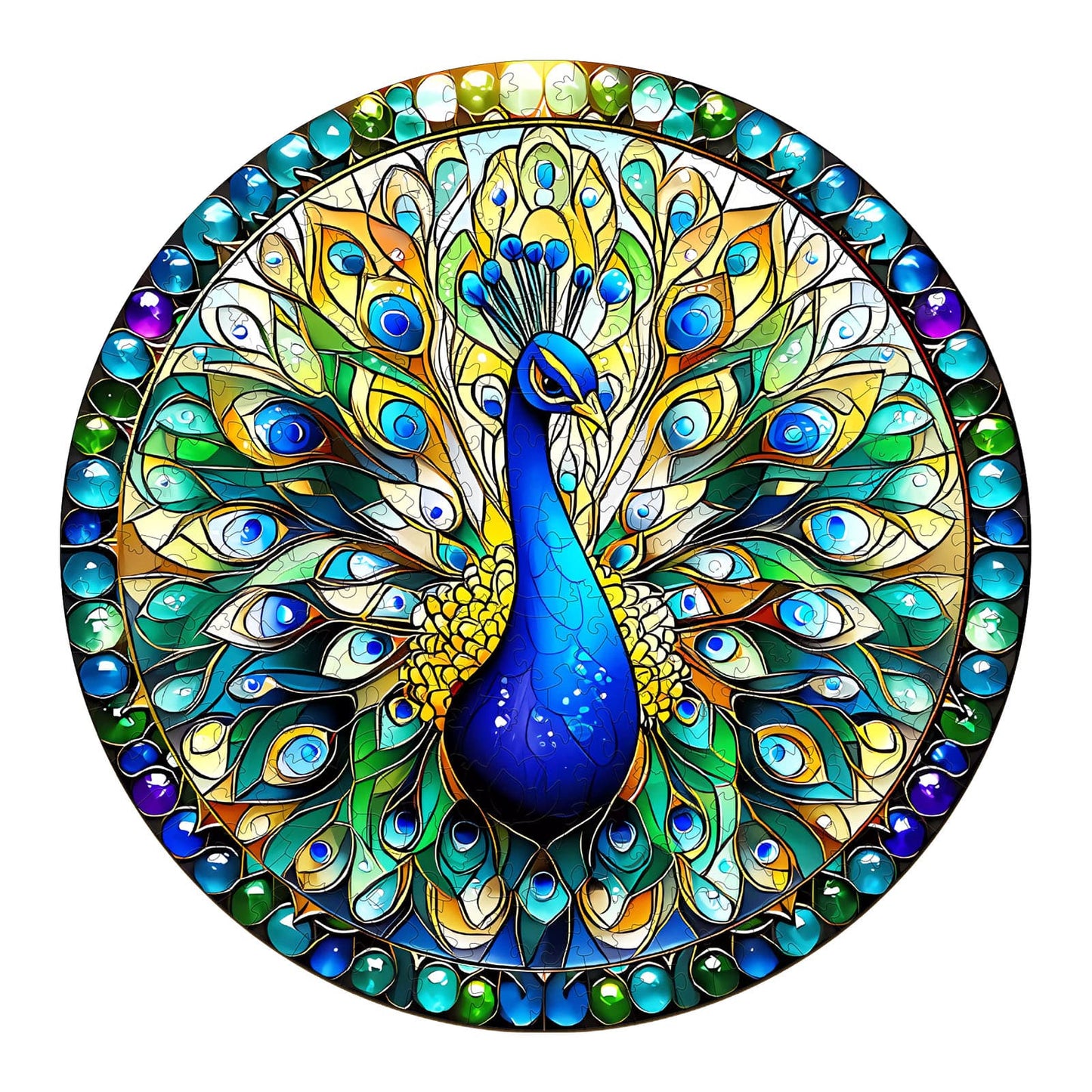 Launiges Holzpuzzle - Buntglas-Pfau