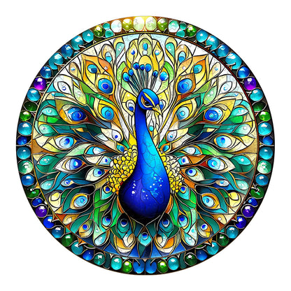 Launiges Holzpuzzle - Buntglas-Pfau
