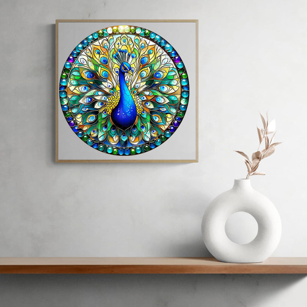 Whimsical Wooden Jigsaw Puzzle-stained glass peacock
