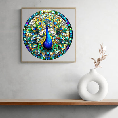Launiges Holzpuzzle - Buntglas-Pfau