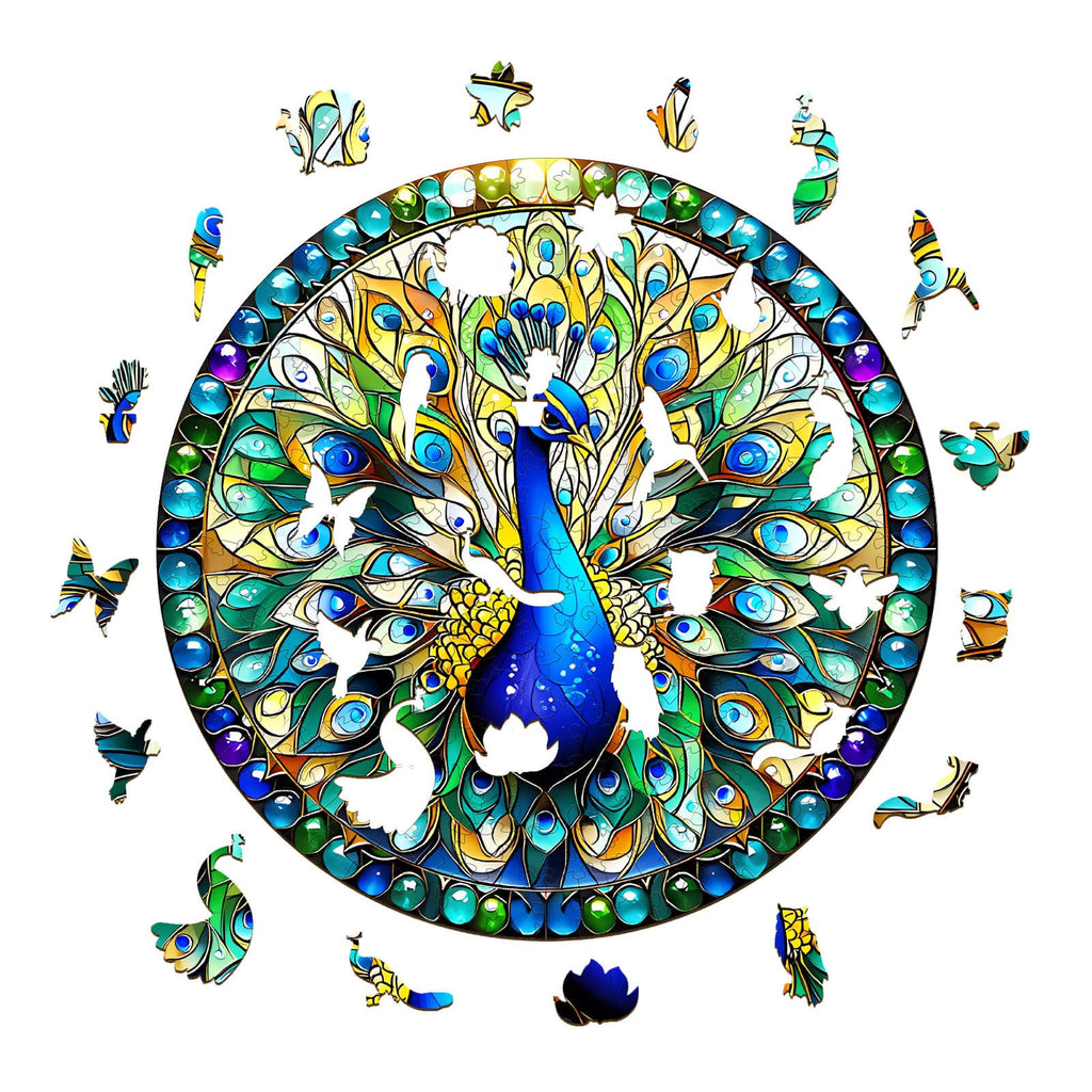Whimsical Wooden Jigsaw Puzzle-stained glass peacock