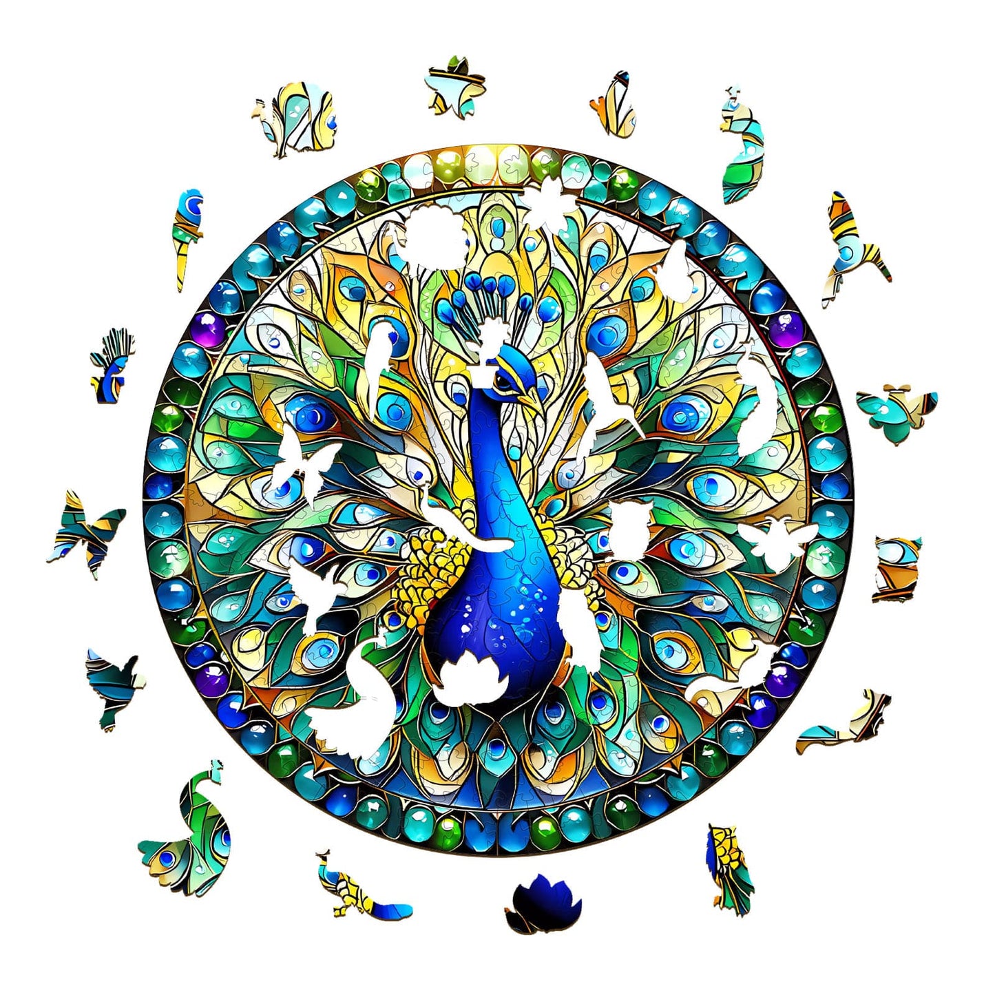 Launiges Holzpuzzle - Buntglas-Pfau