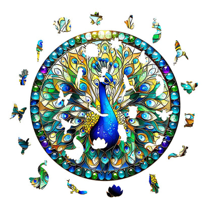 Launiges Holzpuzzle - Buntglas-Pfau