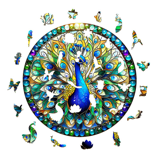 Rompecabezas de madera caprichoso: pavo real de vidrieras