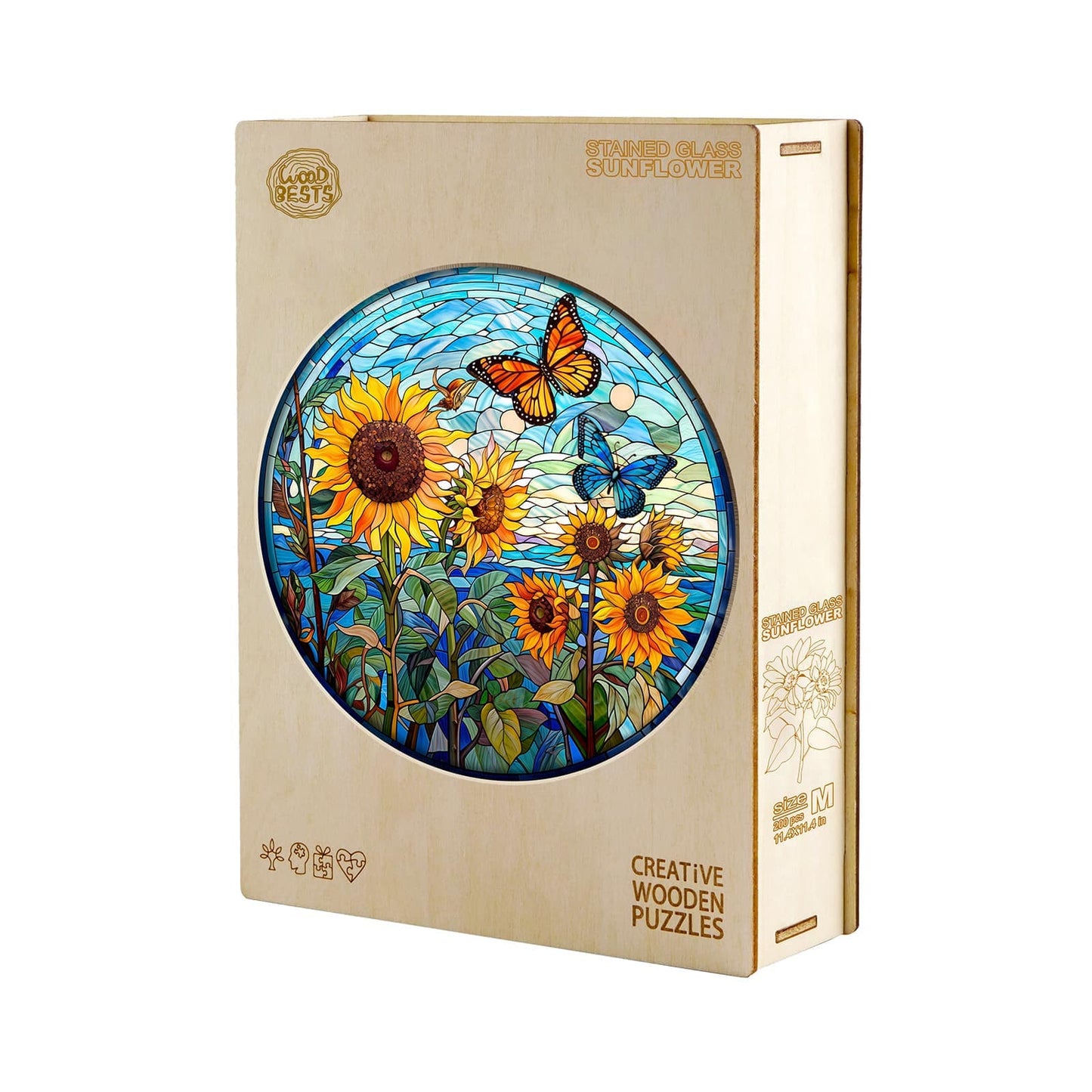 Skurriles Holzpuzzle – Buntglas-Sonnenblume