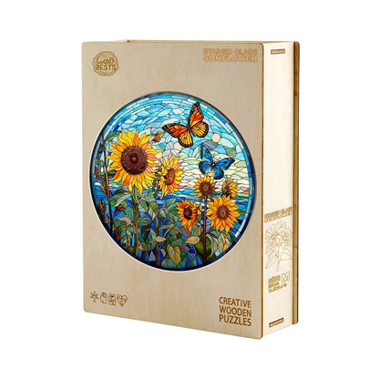 Skurriles Holzpuzzle – Buntglas-Sonnenblume