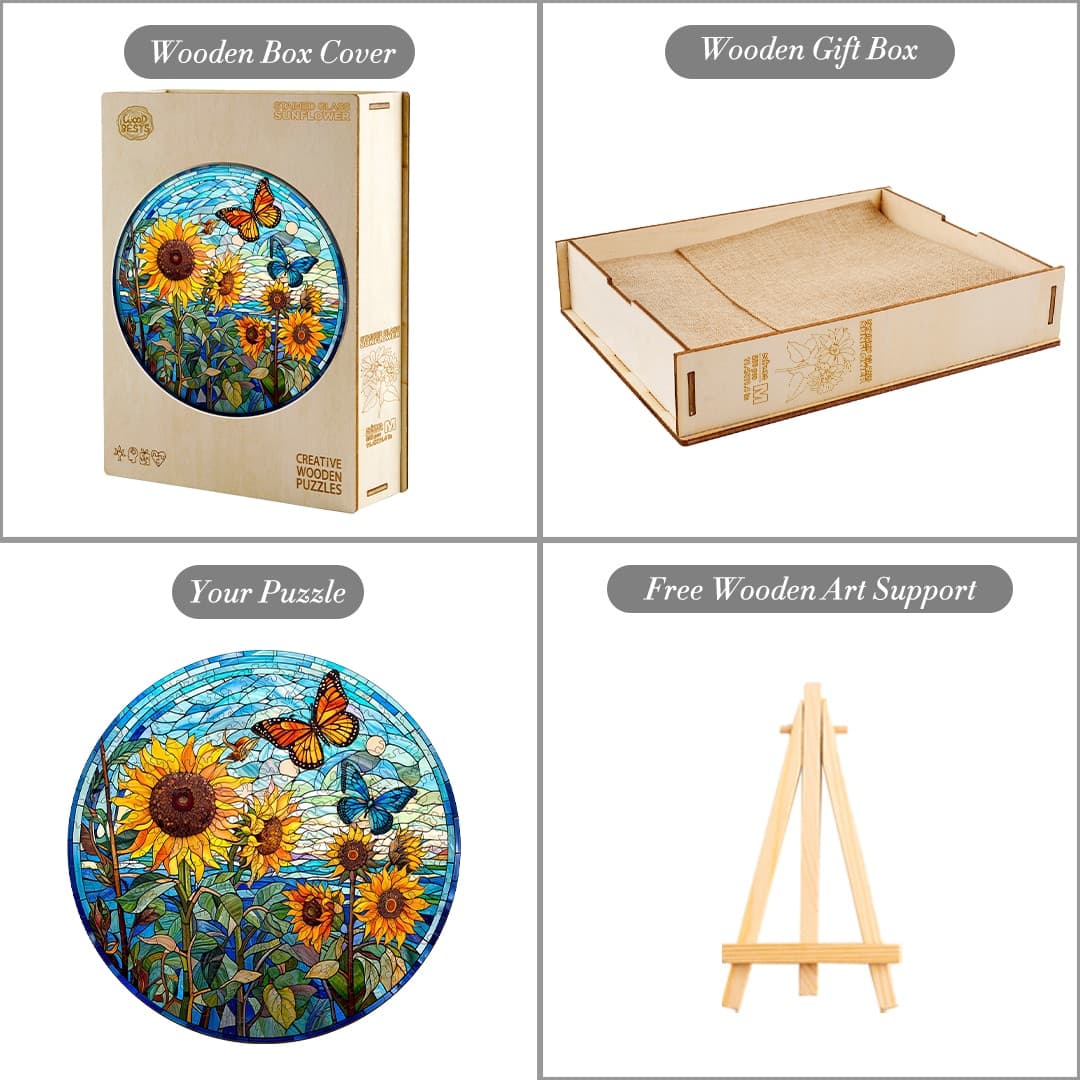 Skurriles Holzpuzzle – Buntglas-Sonnenblume