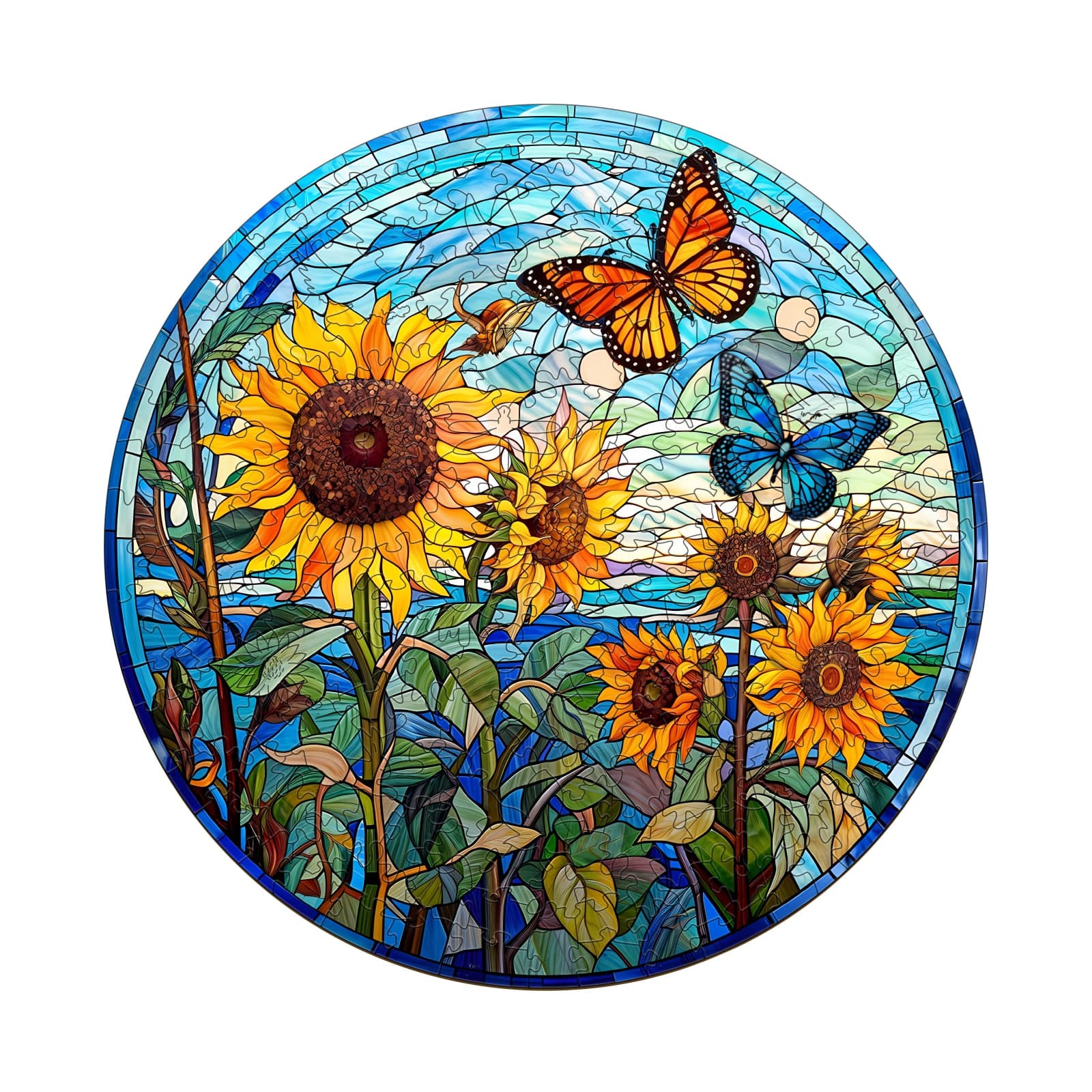 Whimsical Wooden Jigsaw Puzzle-Stained Glass Sunflower