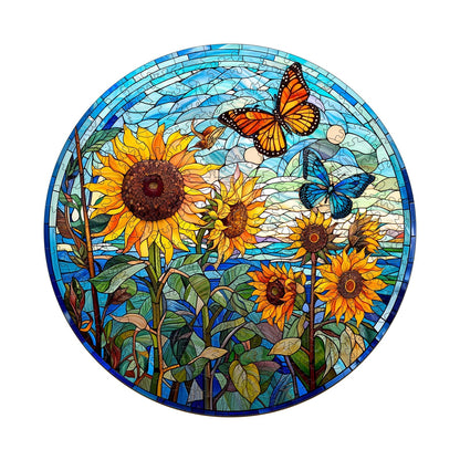Skurriles Holzpuzzle – Buntglas-Sonnenblume