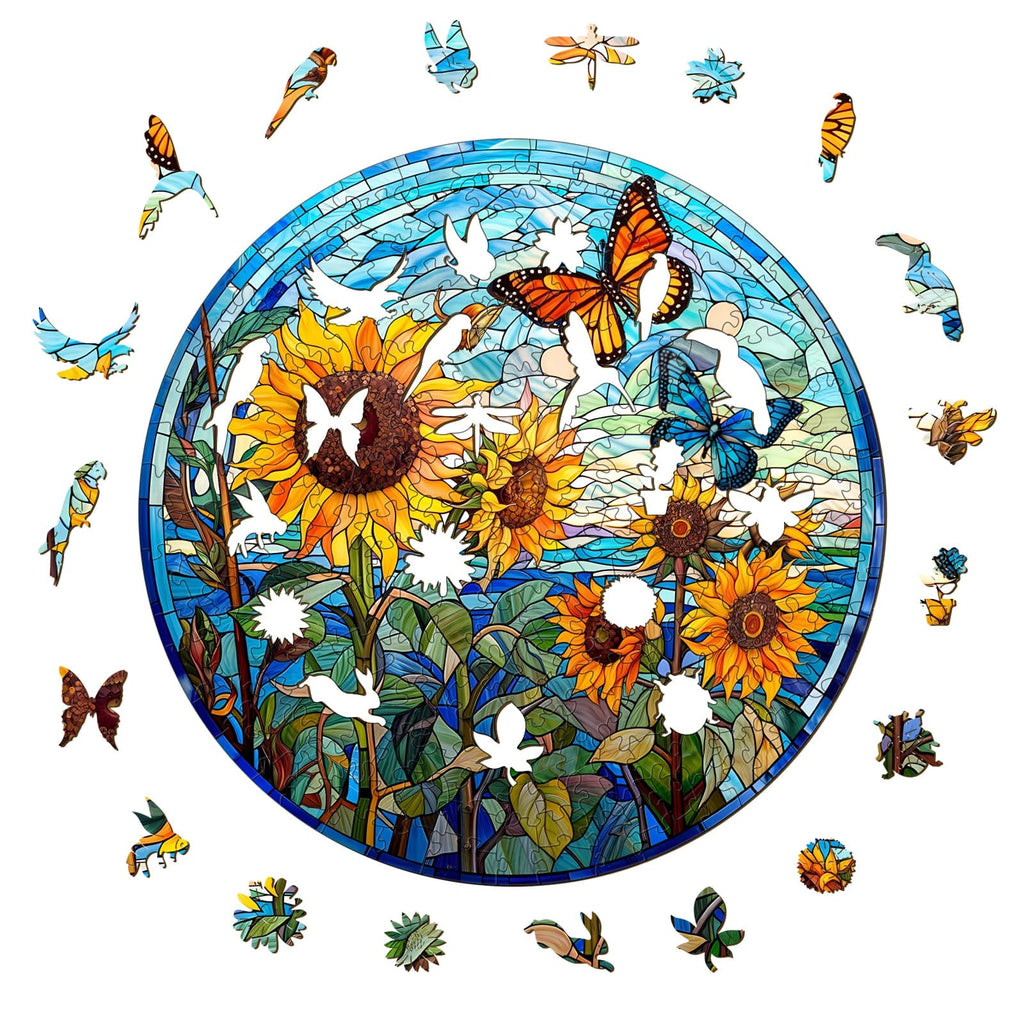 Whimsical Wooden Jigsaw Puzzle-Stained Glass Sunflower