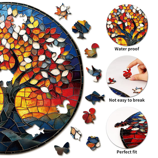 Whimsical Wooden Jigsaw Puzzle-Stained Glass Tree