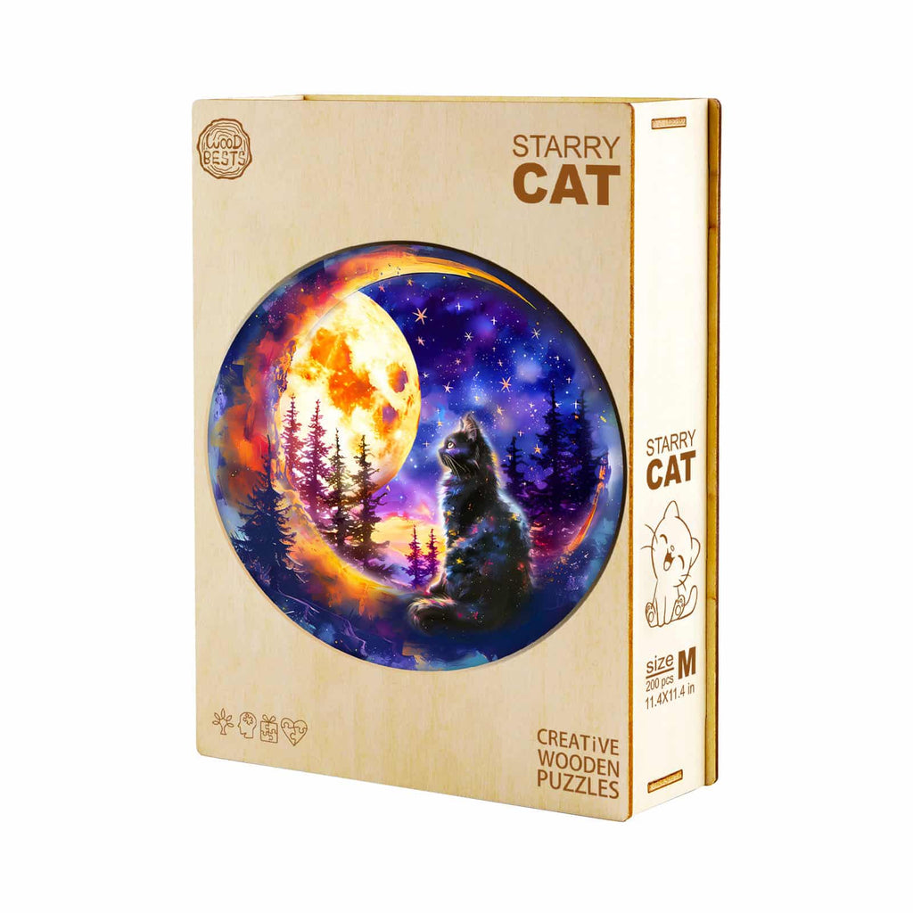 Whimsical Wooden Jigsaw Puzzle - Starry Cat - pickApuzzle