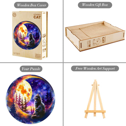 Whimsical Wooden Jigsaw Puzzle - Starry Cat - pickApuzzle