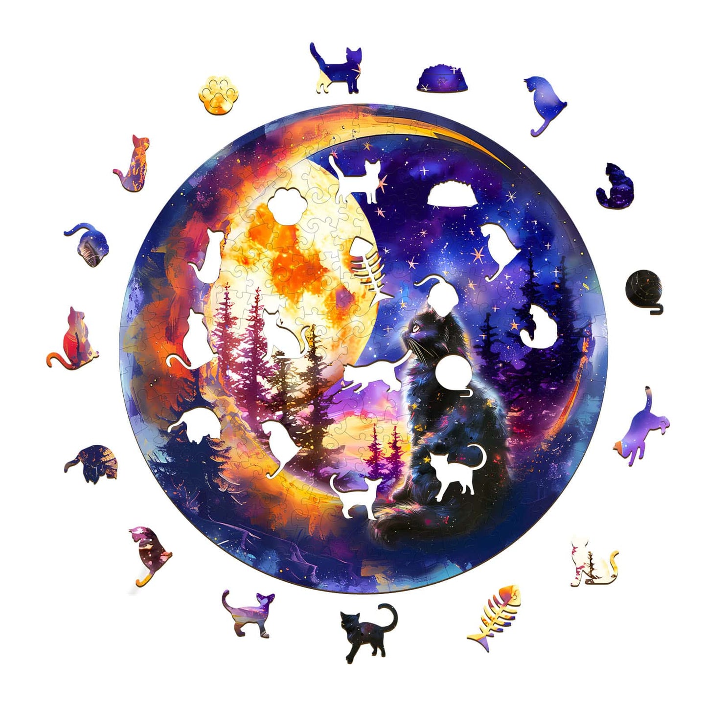 Whimsical Wooden Jigsaw Puzzle - Starry Cat - pickApuzzle