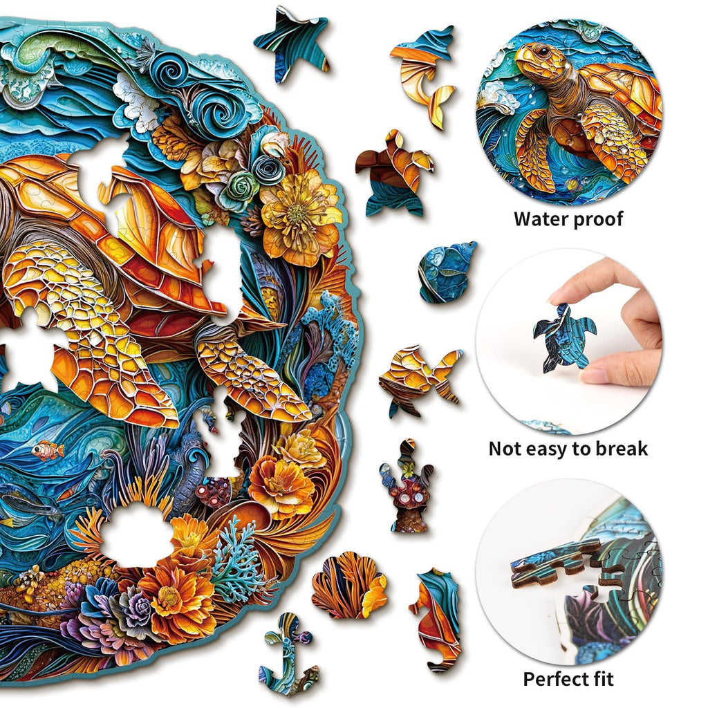 Whimsical Wooden Jigsaw Puzzle - Steady Sea Turtle - pickApuzzle