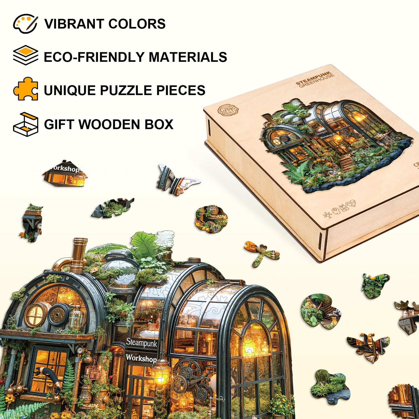 Ausgefallenes Holzpuzzle – Steampunk-Gewächshaus