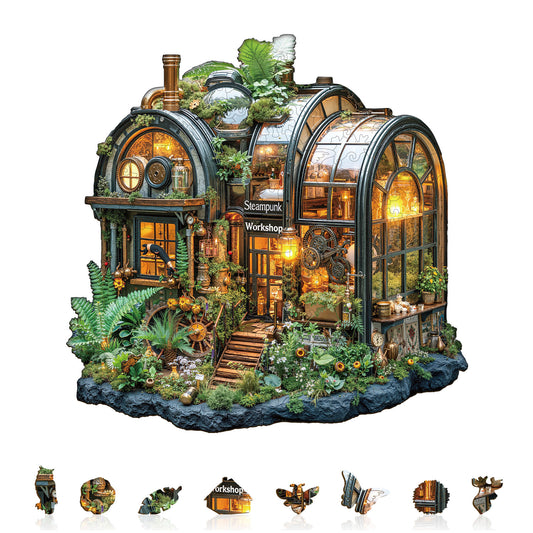 Faszinierendes Holzpuzzle – Steampunk-Gewächshaus