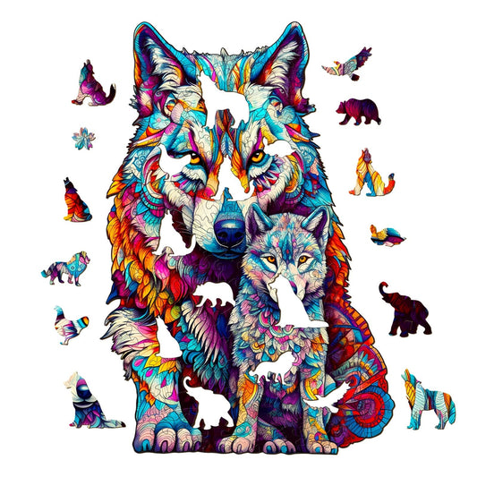 Whimsical Wooden Jigsaw Puzzle-WOLF FAMILY