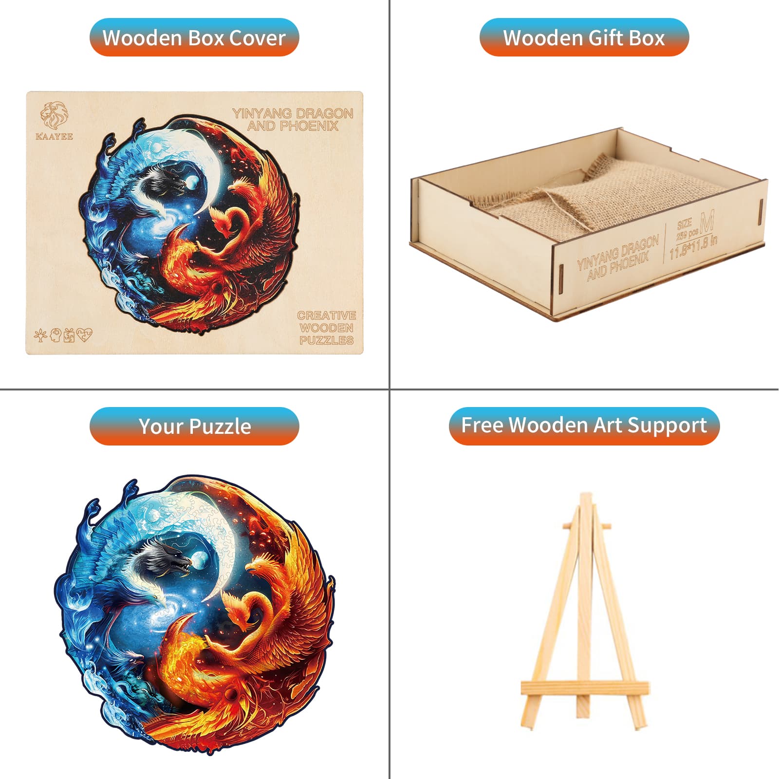 Casse-tête en bois fantaisiste - Dragon et phénix Yin-Yang